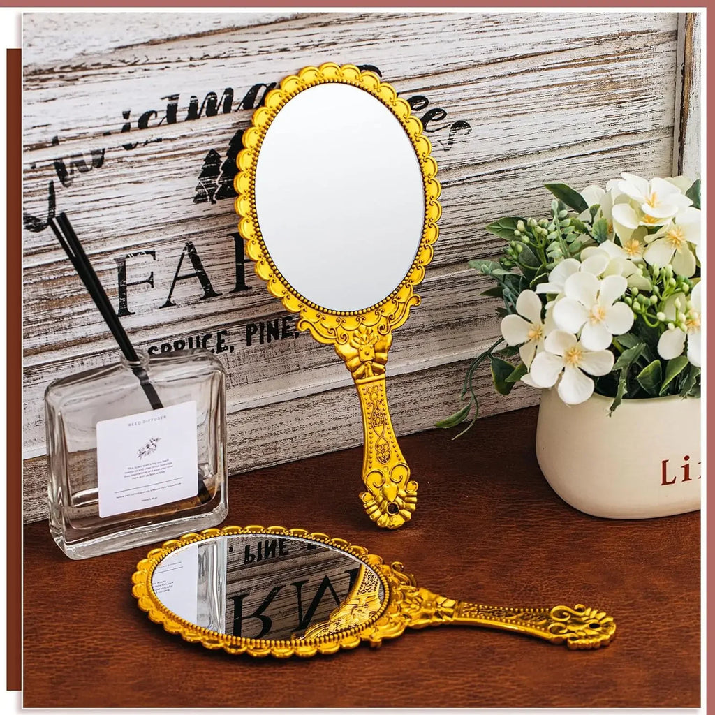 12 Pcs Vintage Handheld Mirror, 9.8" L x 4.5" W Small Gold Embossed Mirror Portable Cute Princess Mirrors Compact Travel Mirror