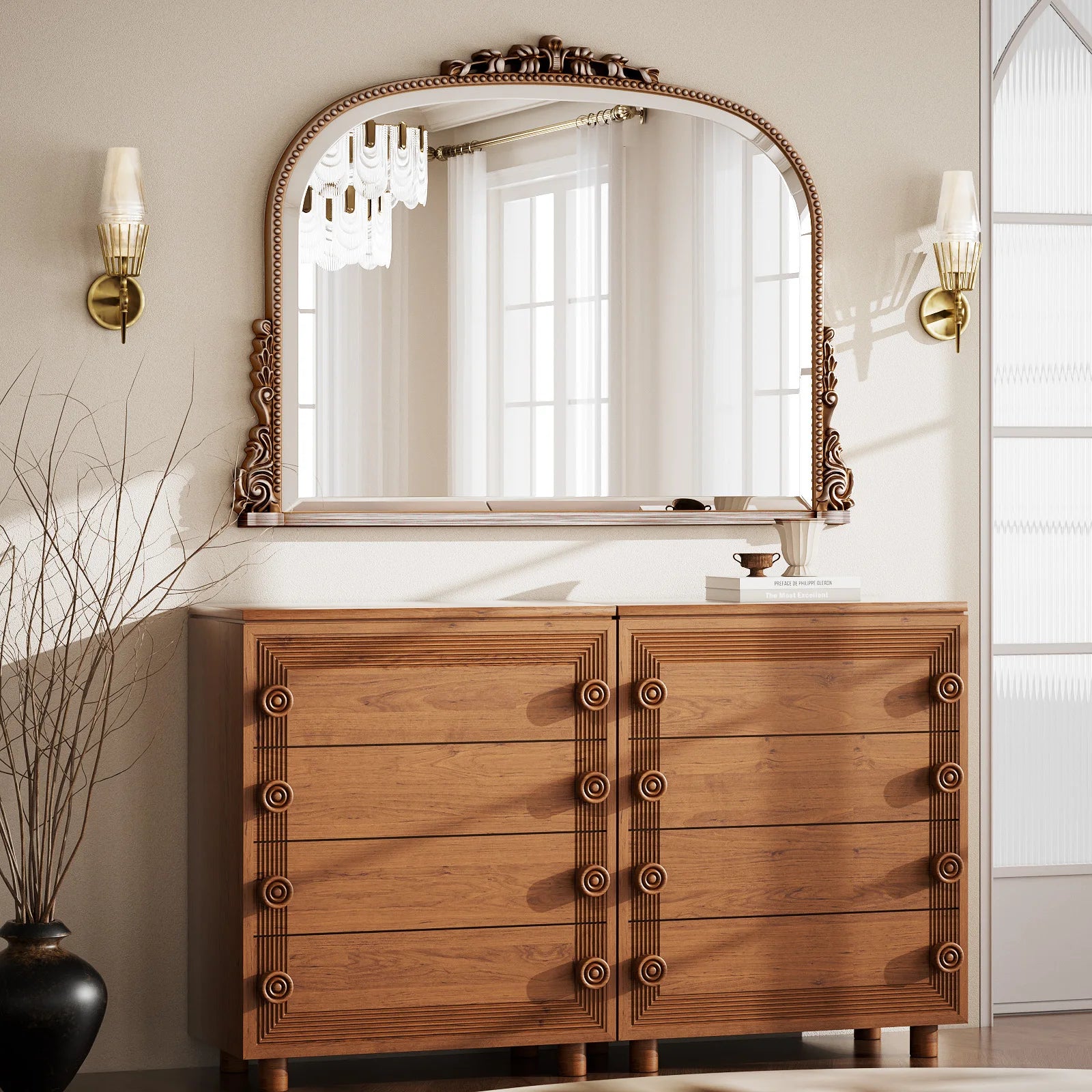 BEAUTYPEAK Arched Vanity Mirror Vintage Decor Mirror Wall Mounted Personal Care Mirror Beauty Shower Mirror