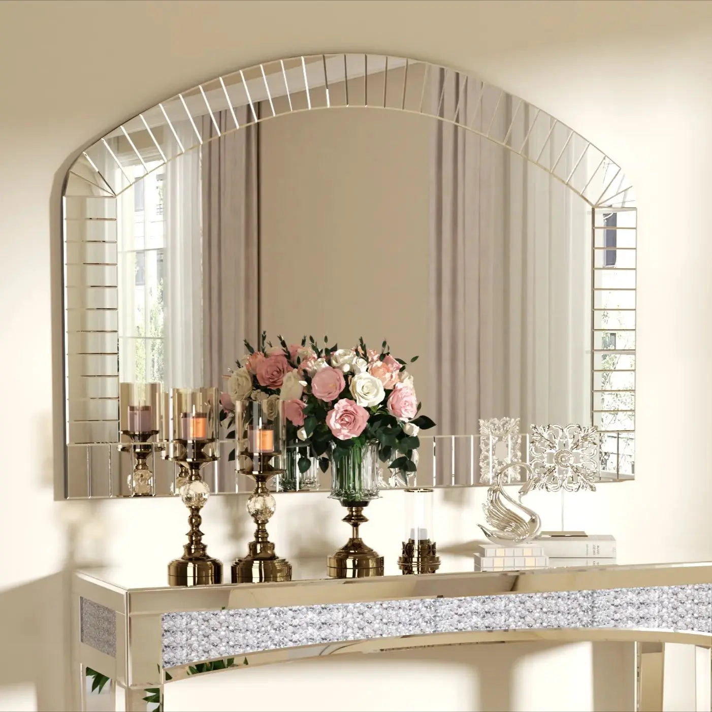 Large Silver Arched Wall Mirror, Silver Glass, Decorative Venetian Accent Mirror, Home Living Room Decor, Bling Beveled Edge