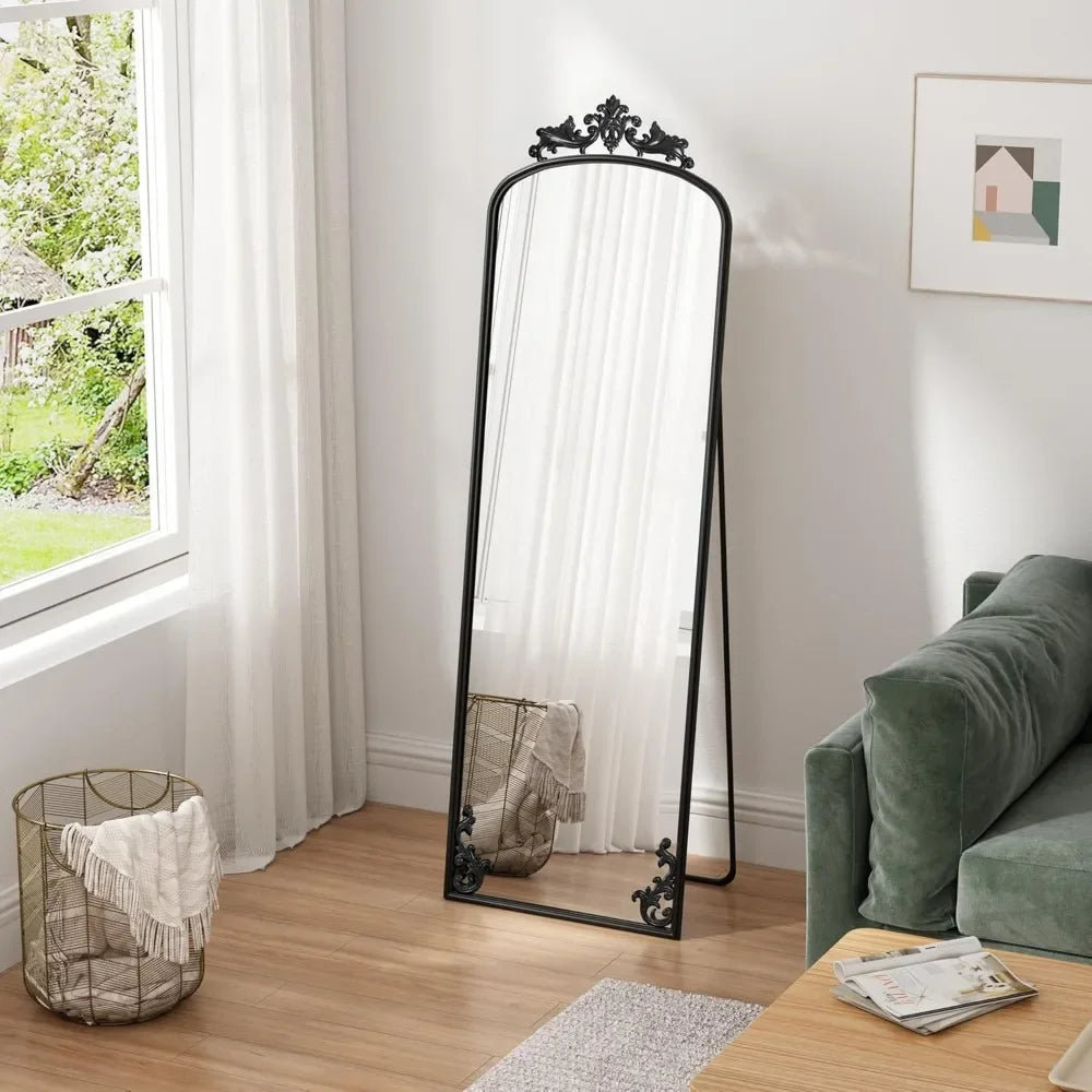 Arched Mirror Full Length with Stand, 65" x 21" Black Floor Length Mirror with Carved Metal Frame, Full Body Wall Mirror