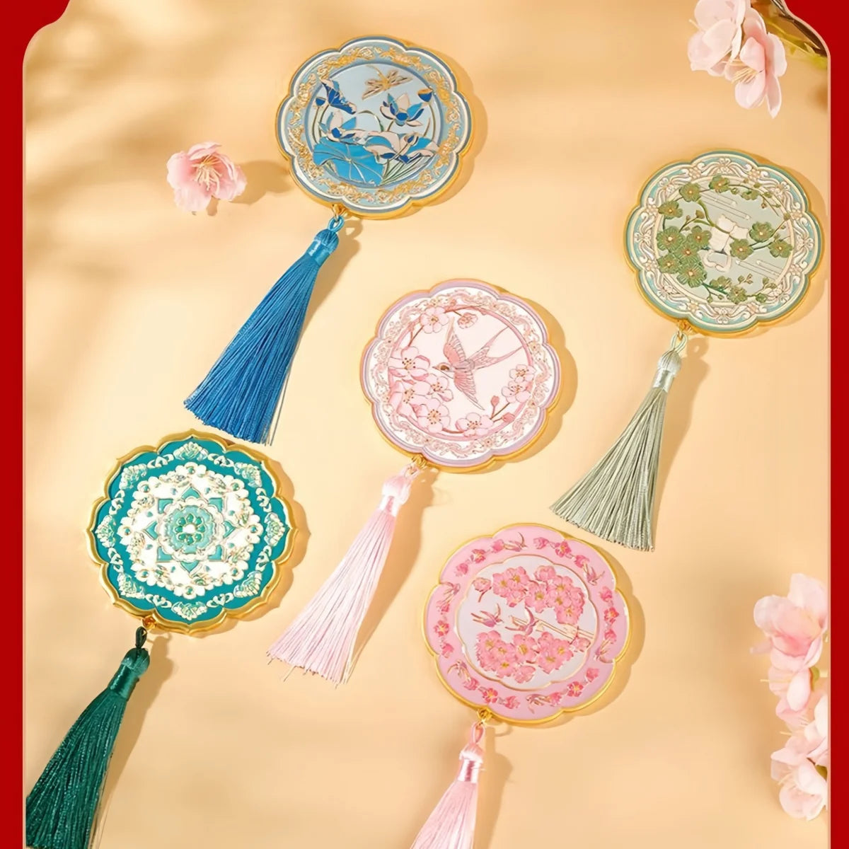Chinese style tassel handheld makeup mirror for women luxurious gift box Holiday Gift for Women reapply makeup