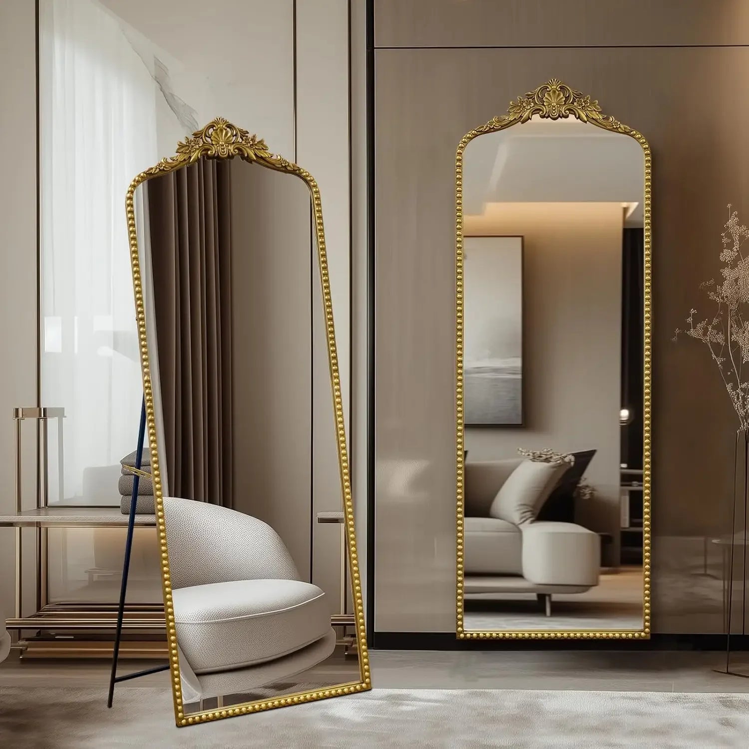Antique Vintage Ornate Baroque Full Length Floor Mirror, Thick Glass Heavy Duty Full Body Mirror w/Free Standing, Wall-Mounted