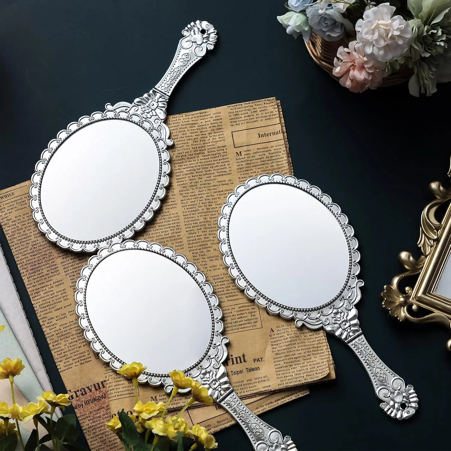 12 Pcs Vintage Handheld Mirror, 9.8" L x 4.5" W Small Gold Embossed Mirror Portable Cute Princess Mirrors Compact Travel Mirror