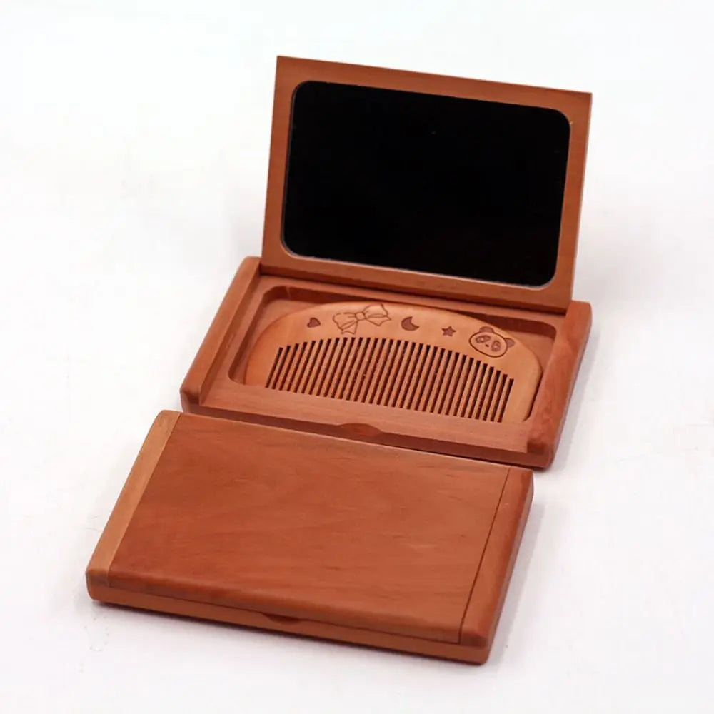 Durable 2 in 1 Wooden Comb Mirror Set Mini Peachwood Makeup Mirror Rectangle Vintage Foldable Pocket Mirror Girl Lady