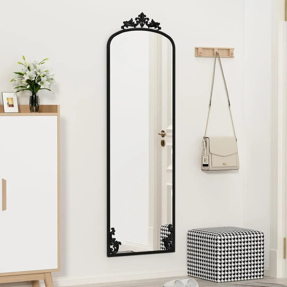 Arched Mirror Full Length with Stand, 65" x 21" Black Floor Length Mirror with Carved Metal Frame, Full Body Wall Mirror
