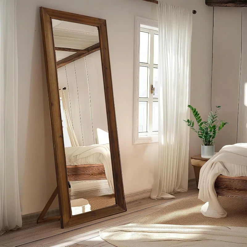 Rustic Farmhouse Full Length Mirror, 64"x21" Wood Frame Floor Mirror, Free Standing Mirror Leaning Hanging Mirror, Long Mirror