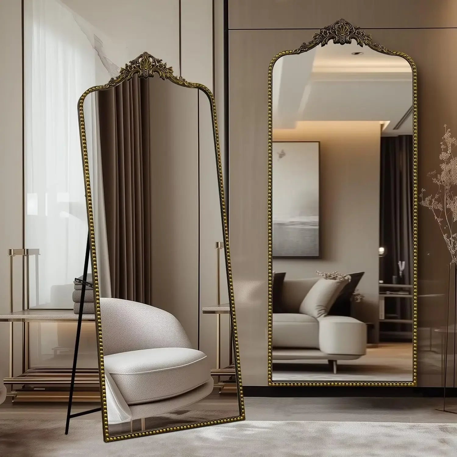 Antique Vintage Ornate Baroque Full Length Floor Mirror, Thick Glass Heavy Duty Full Body Mirror w/Free Standing, Wall-Mounted
