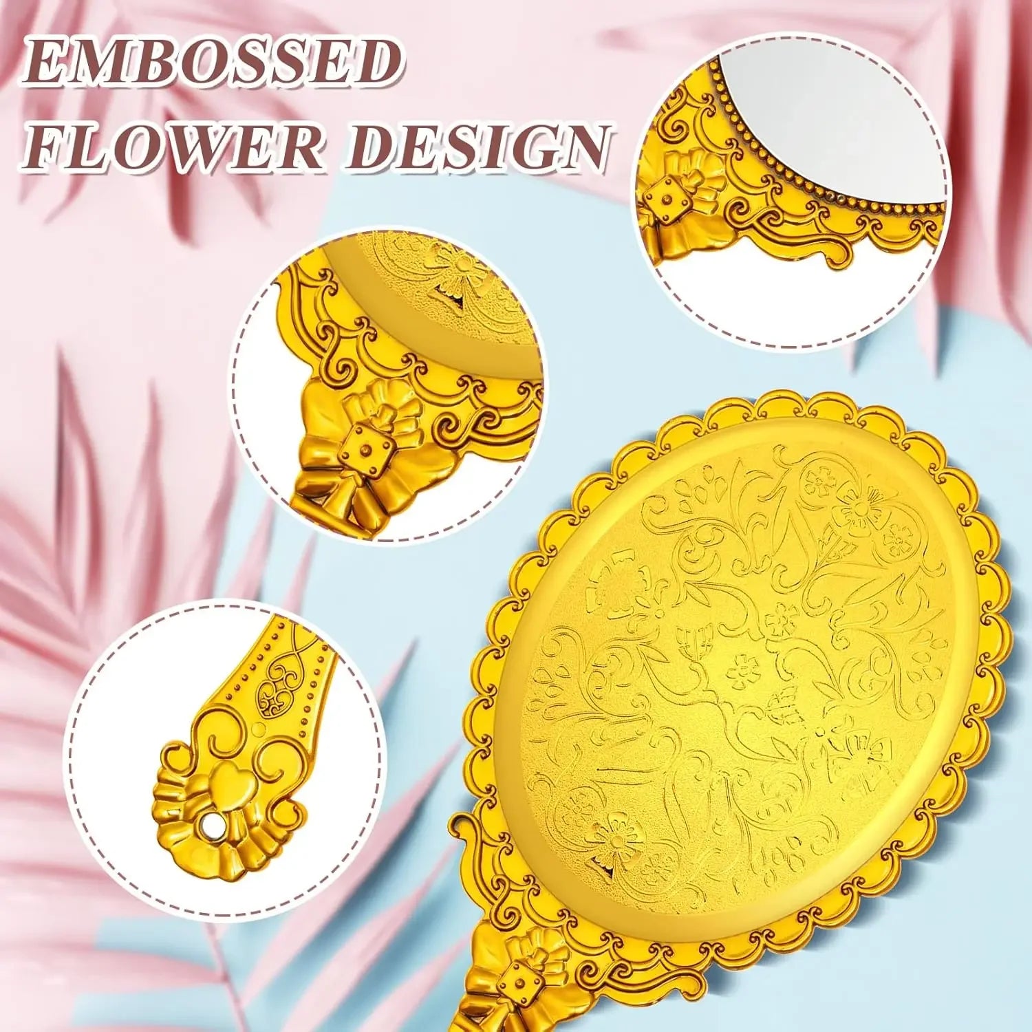 12 Pcs Vintage Handheld Mirror, 9.8" L x 4.5" W Small Gold Embossed Mirror Portable Cute Princess Mirrors Compact Travel Mirror