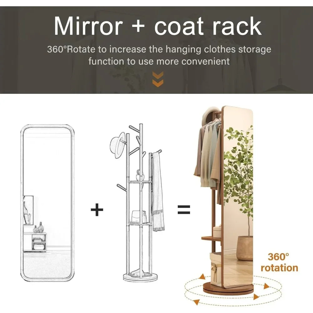 70"x16"Full Length Mirror W Stand,Coat Rack with Mirror,Solid Wood Floor Mirror,Swivel Mirrorfor Bedroom,Living Room,Cloakroom