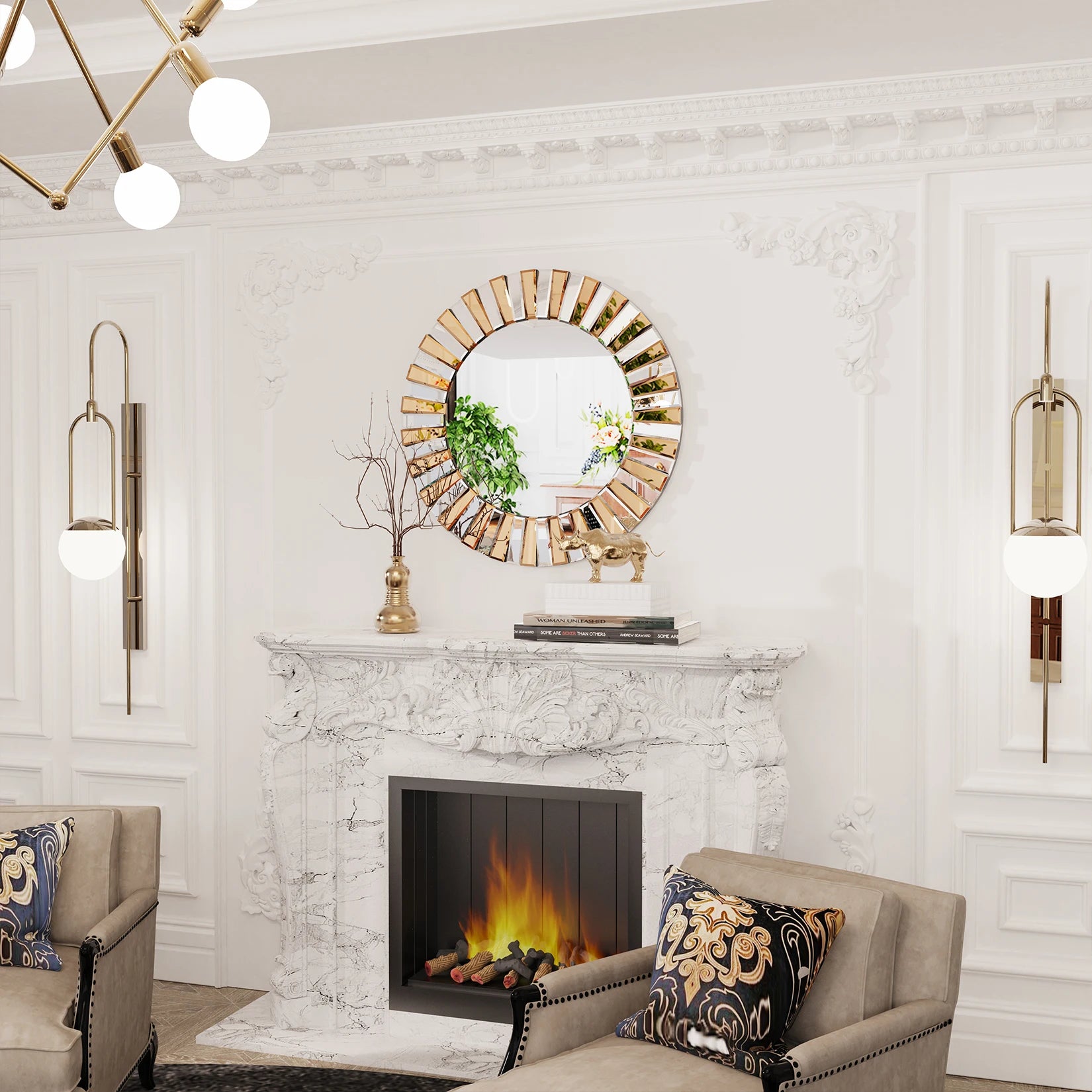 Decorative Mirrors Round Sunburst Wall Mirror Beveled Edge Glass Bathroom Vanity Mirror Hanging Accent Mirrors for Living Room