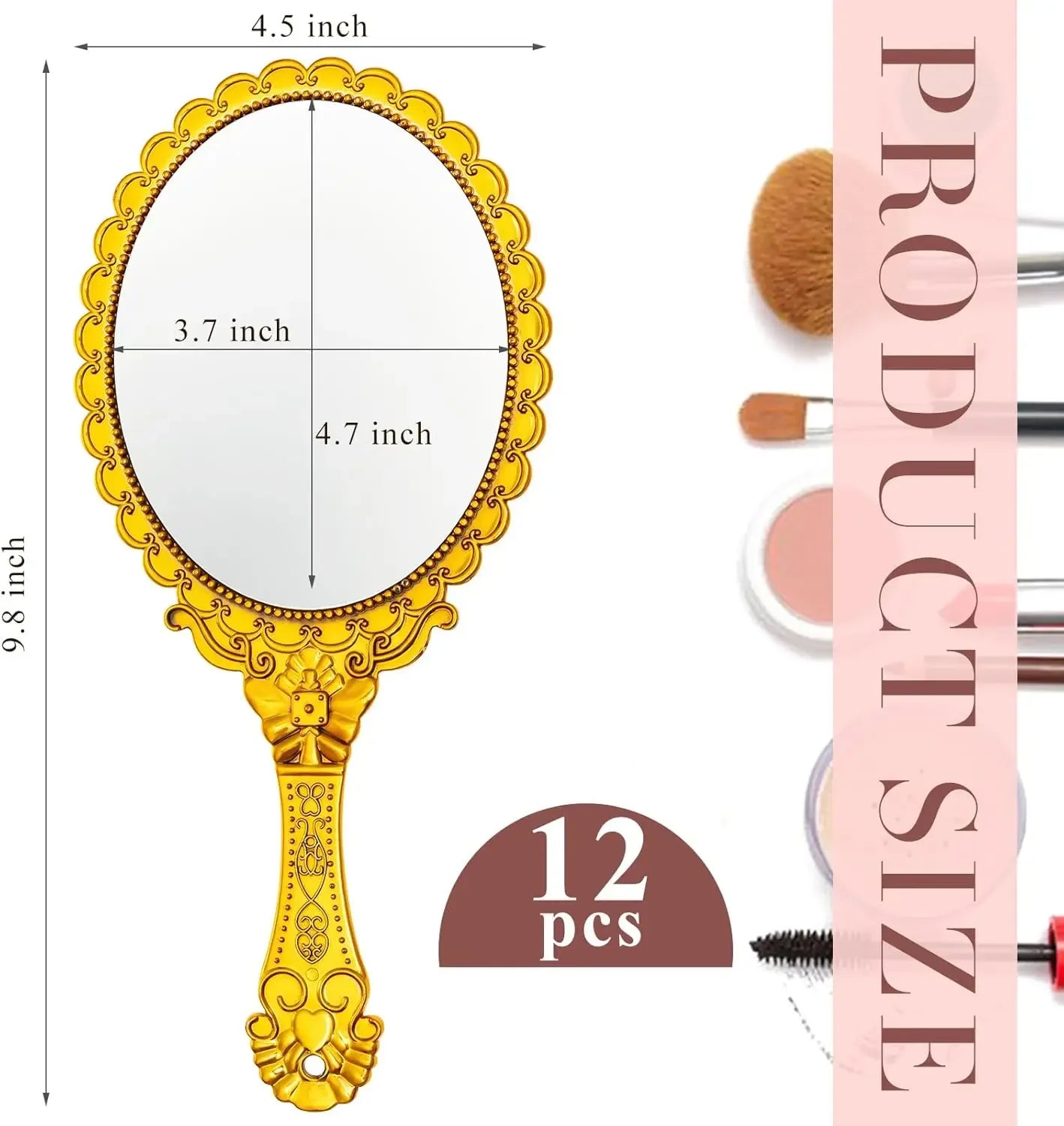 12 Pcs Vintage Handheld Mirror, 9.8" L x 4.5" W Small Gold Embossed Mirror Portable Cute Princess Mirrors Compact Travel Mirror